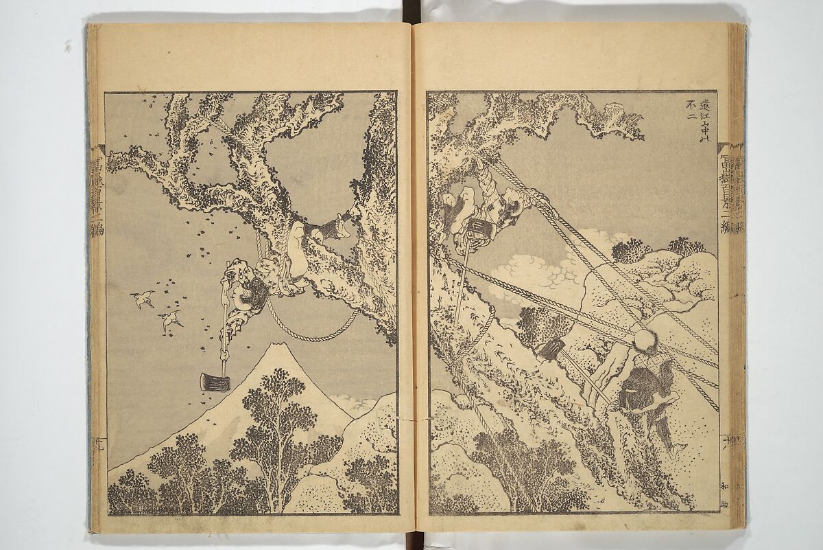 One Hundred Views of Mount Fuji (Fugaku hyakkei) 富嶽百景, Katsushika Hokusai 葛飾北斎 (Japanese, Tokyo (Edo) 1760–1849 Tokyo (Edo)), Set of three woodblock printed books; ink on paper, Japan