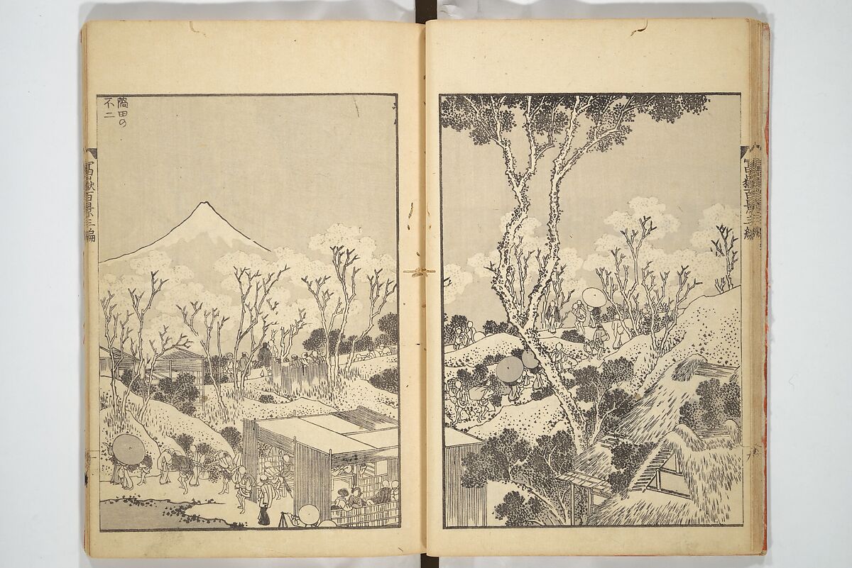 One Hundred Views of Mount Fuji (Fugaku hyakkei) 富嶽百景, Katsushika Hokusai 葛飾北斎 (Japanese, Tokyo (Edo) 1760–1849 Tokyo (Edo)), Set of three woodblock printed books; ink on paper, Japan
