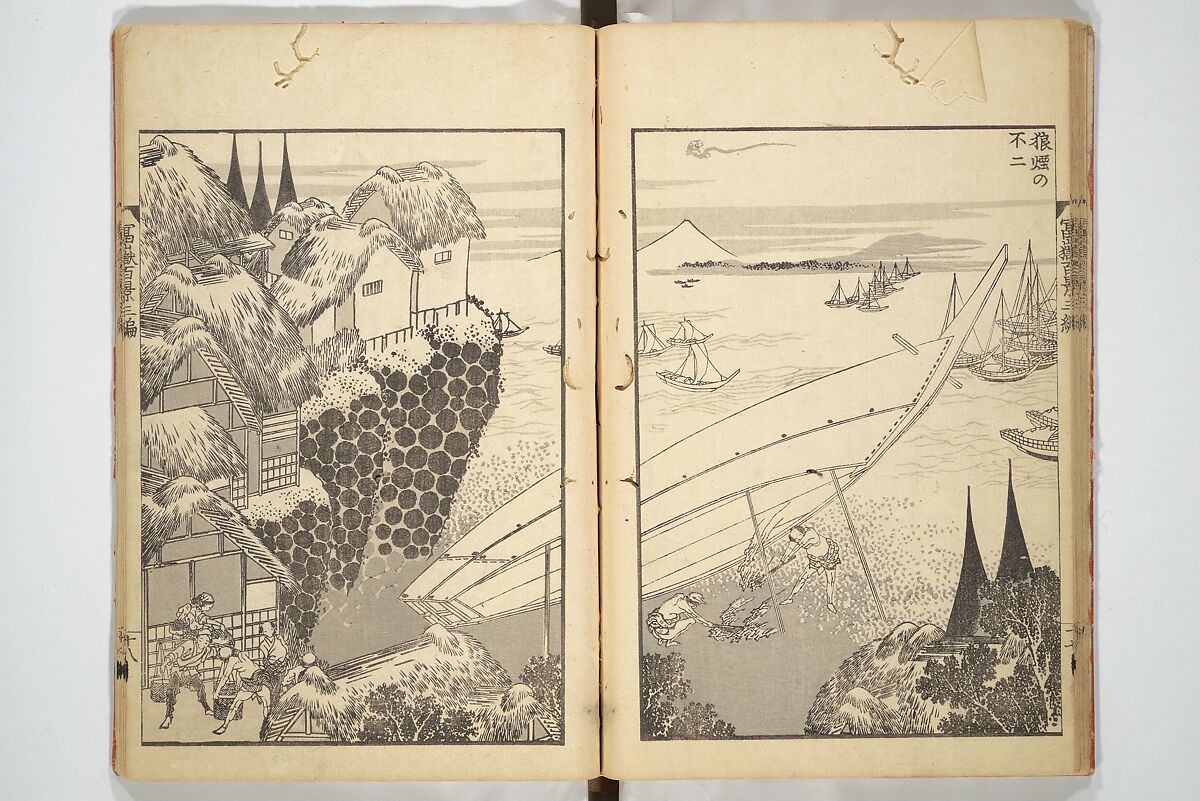 One Hundred Views of Mount Fuji (Fugaku hyakkei) 富嶽百景, Katsushika Hokusai 葛飾北斎 (Japanese, Tokyo (Edo) 1760–1849 Tokyo (Edo)), Set of three woodblock printed books; ink on paper, Japan