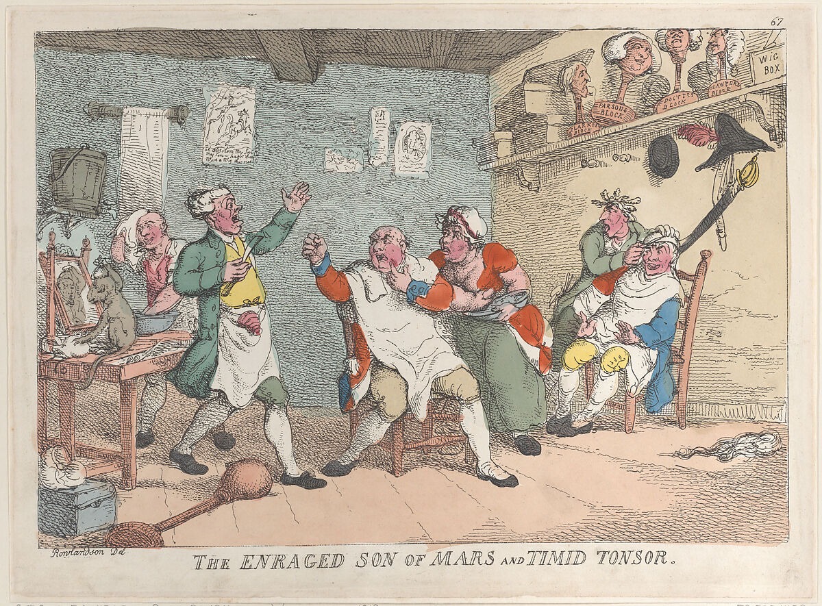 The Enraged Son of Mars and Timid Tonsor, Thomas Rowlandson (British, London 1757–1827 London), Hand-colored etching; reprint 