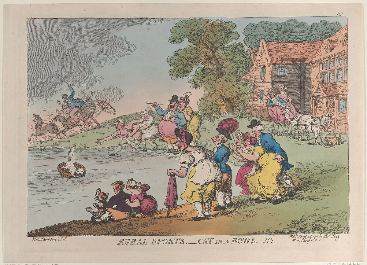 Rural Sports: Cat in a Bowl, Thomas Rowlandson (British, London 1757–1827 London), Hand-colored etching 