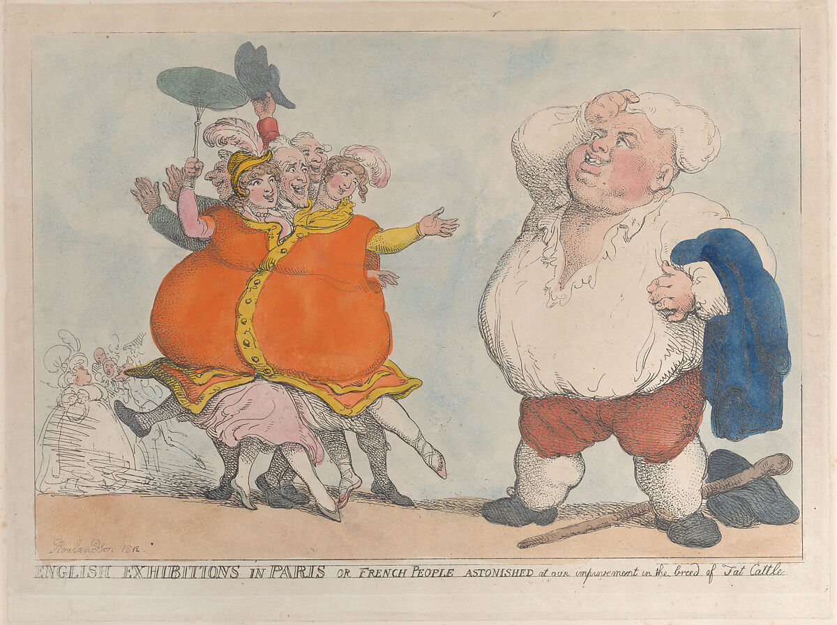 English Exhibitions in Paris or French People Astonished at Our Improvement in the Breed of Fat Cattle, Thomas Rowlandson (British, London 1757–1827 London), Hand-colored etching 