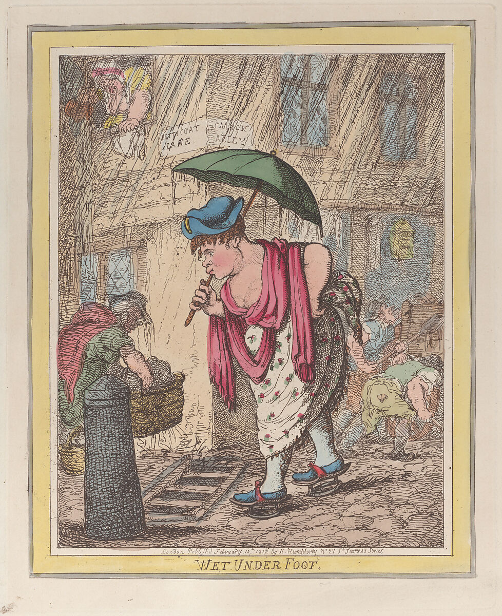 Wet Under Foot, Thomas Rowlandson (British, London 1757–1827 London), Hand-colored etching 