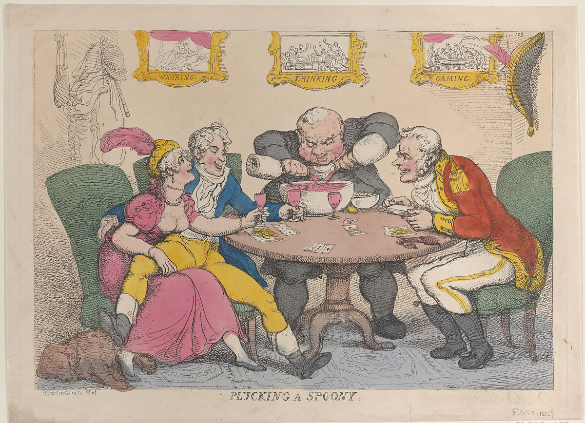 Plucking a Spoony, Thomas Rowlandson (British, London 1757–1827 London), Hand-colored etching 