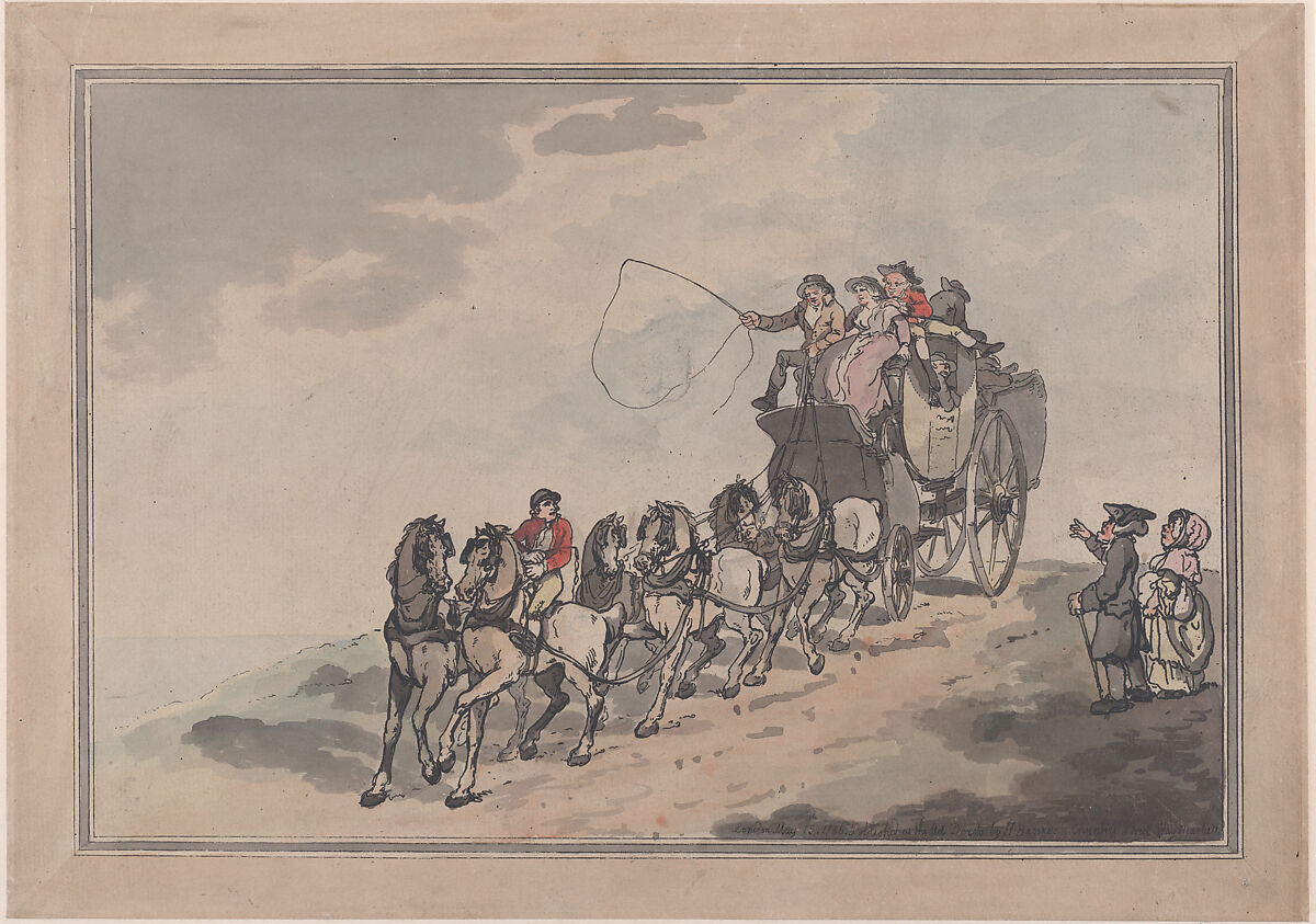 Stage Coach and Six, Thomas Rowlandson (British, London 1757–1827 London), Hand-colored etching 