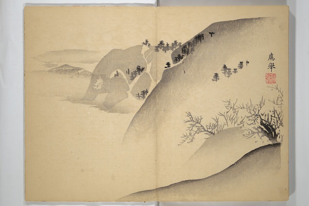 Ōkyō Picture Album (Ōkyo gafu) 應舉画譜, After Maruyama Ōkyo 円山応挙 (Japanese, 1733–1795), Woodblock printed book (orihon, accordion-style); ink and color on paper, Japan