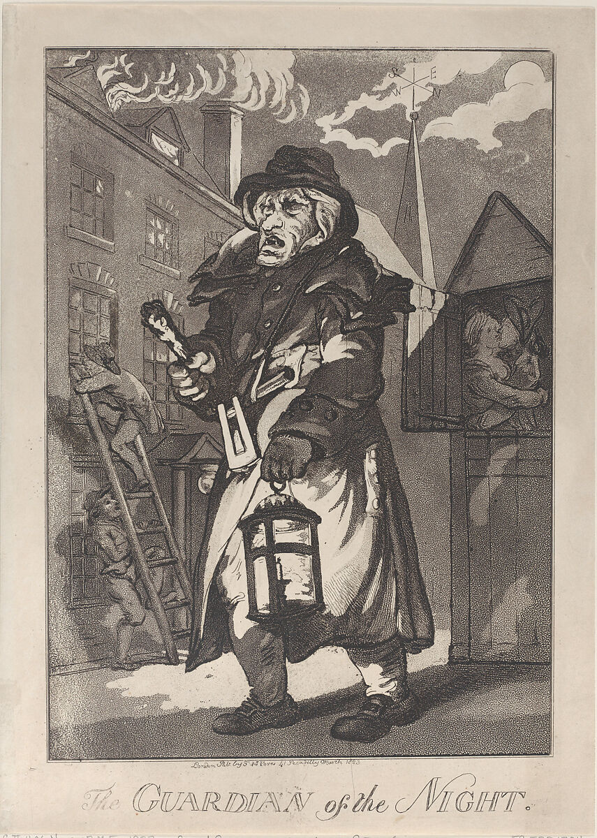The Guardian of the Night, Thomas Rowlandson (British, London 1757–1827 London), Aquatint 