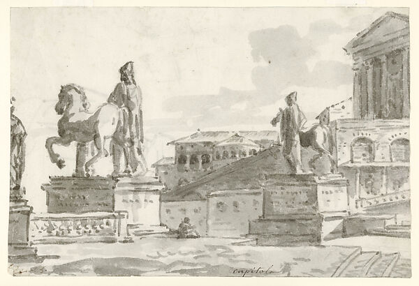View of the Campidoglio in Rome, Jacques Louis David  French, Brush and gray wash over black chalk