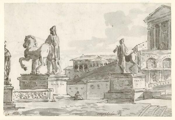 View of the Campidoglio in Rome, Jacques Louis David (French, Paris 1748–1825 Brussels), Brush and gray wash over black chalk 