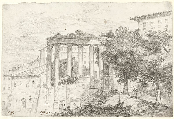 View of the Roman Forum from the Temple of Saturn, Jacques Louis David (French, Paris 1748–1825 Brussels), Black chalk 