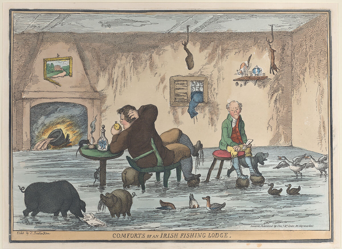 Comforts of an Irish Fishing Lodge, Thomas Rowlandson (British, London 1757–1827 London), Hand-colored etching; reissue 