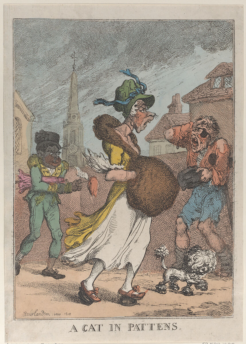 A Cat in Pattens, Thomas Rowlandson (British, London 1757–1827 London), Hand-colored etching 