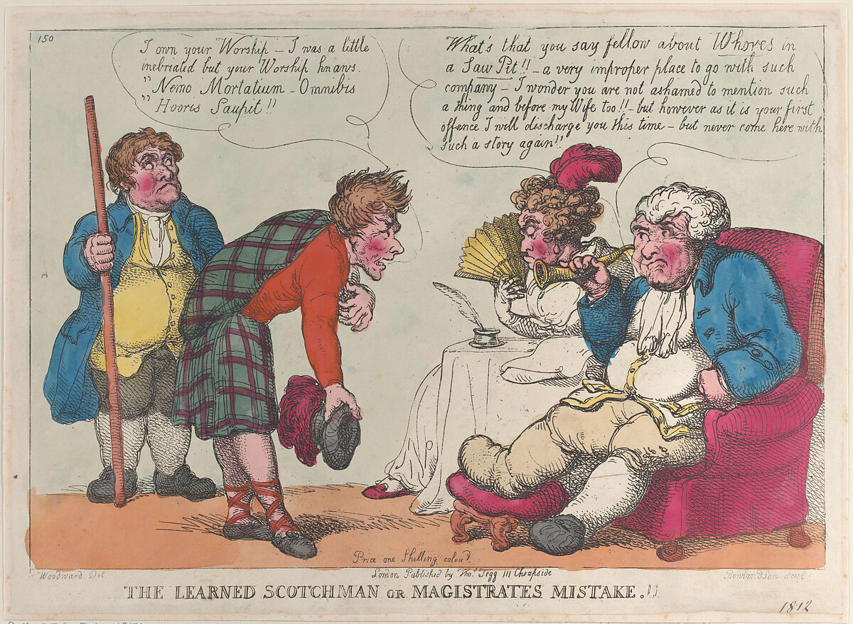 The Learned Scotchman or Magistrates Mistake.!!, Thomas Rowlandson (British, London 1757–1827 London), Hand-colored etching 