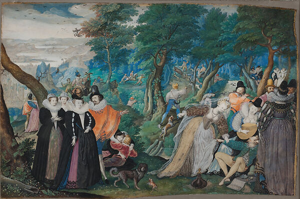 A Party in the Open Air, Isaac Oliver  British, Watercolor and bodycolor, with gold and silver, on vellum, laid on card