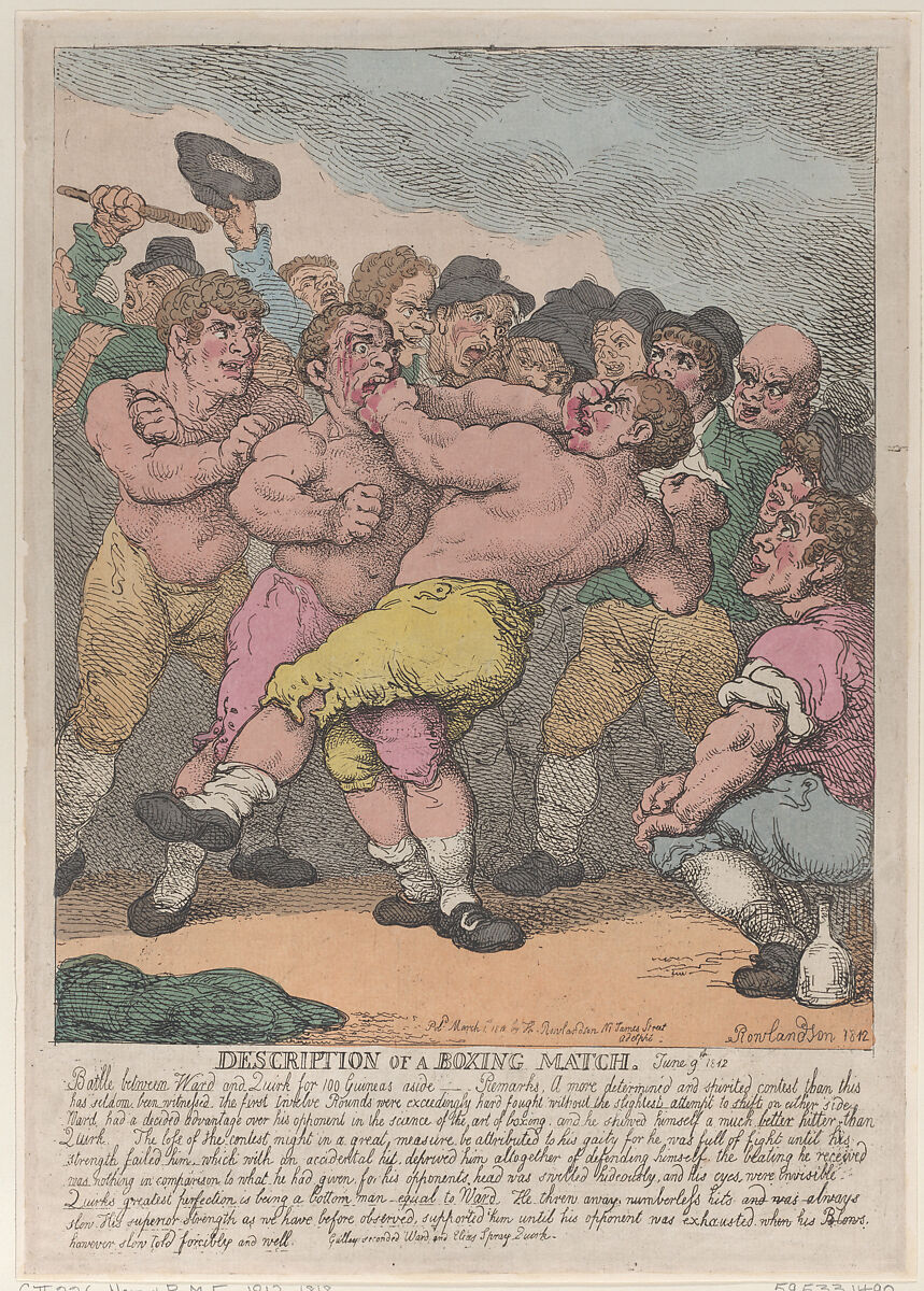 Description of a Boxing Match between Ward and Quirk for 100 Guineas a side, Thomas Rowlandson (British, London 1757–1827 London), Hand-colored etching 