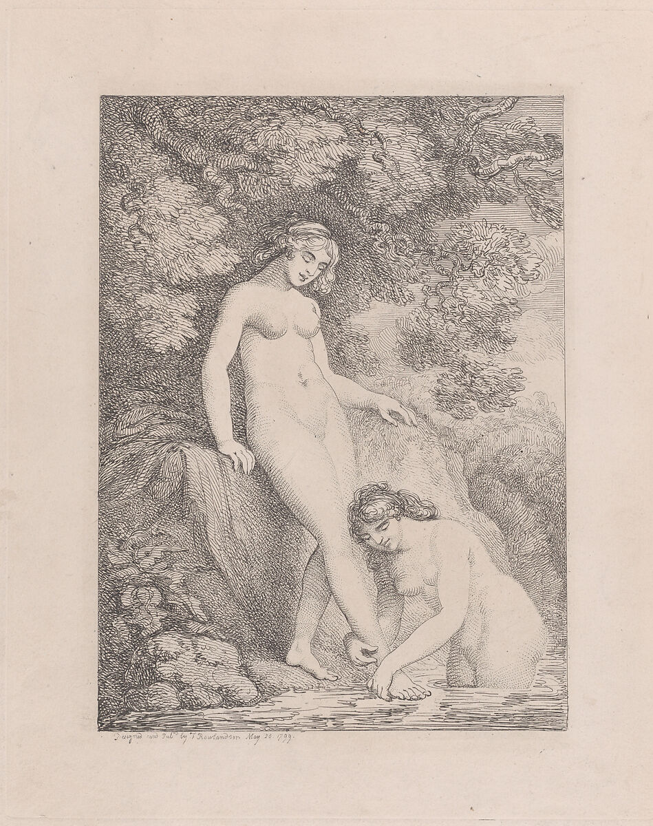 Two Nymphs Bathing, One Washing the Other's Foot, Thomas Rowlandson (British, London 1757–1827 London), Etching and stipple 