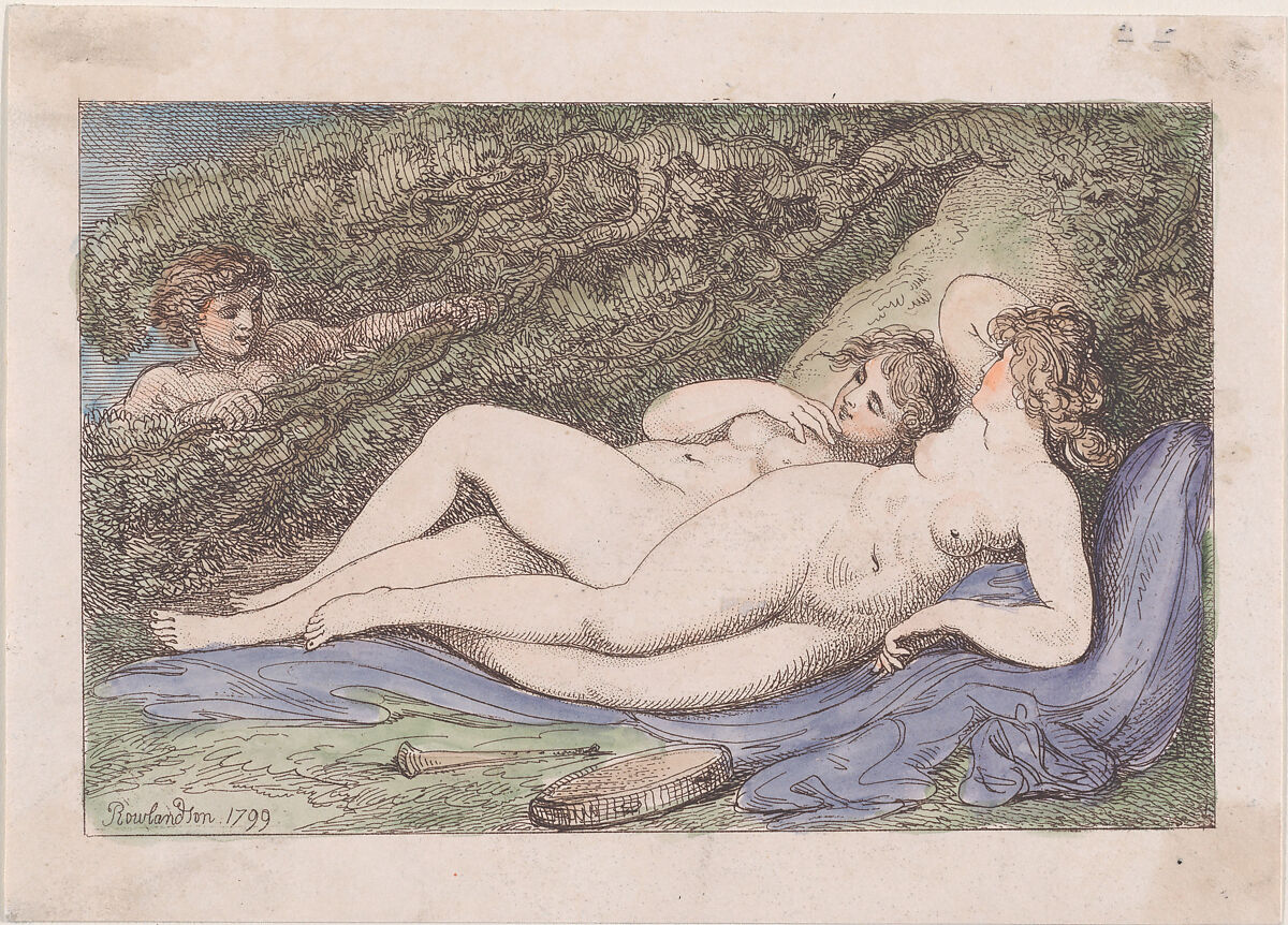 Wood-Nymphs (The Discovery), Thomas Rowlandson (British, London 1757–1827 London), Hand-colored etching and stipple 