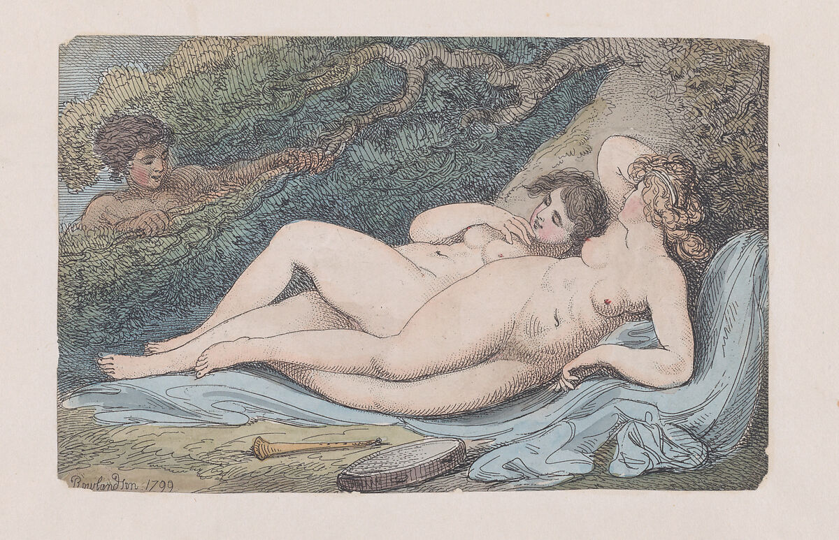 Wood-Nymphs (The Discovery), Thomas Rowlandson (British, London 1757–1827 London), Hand-colored etching and stipple 