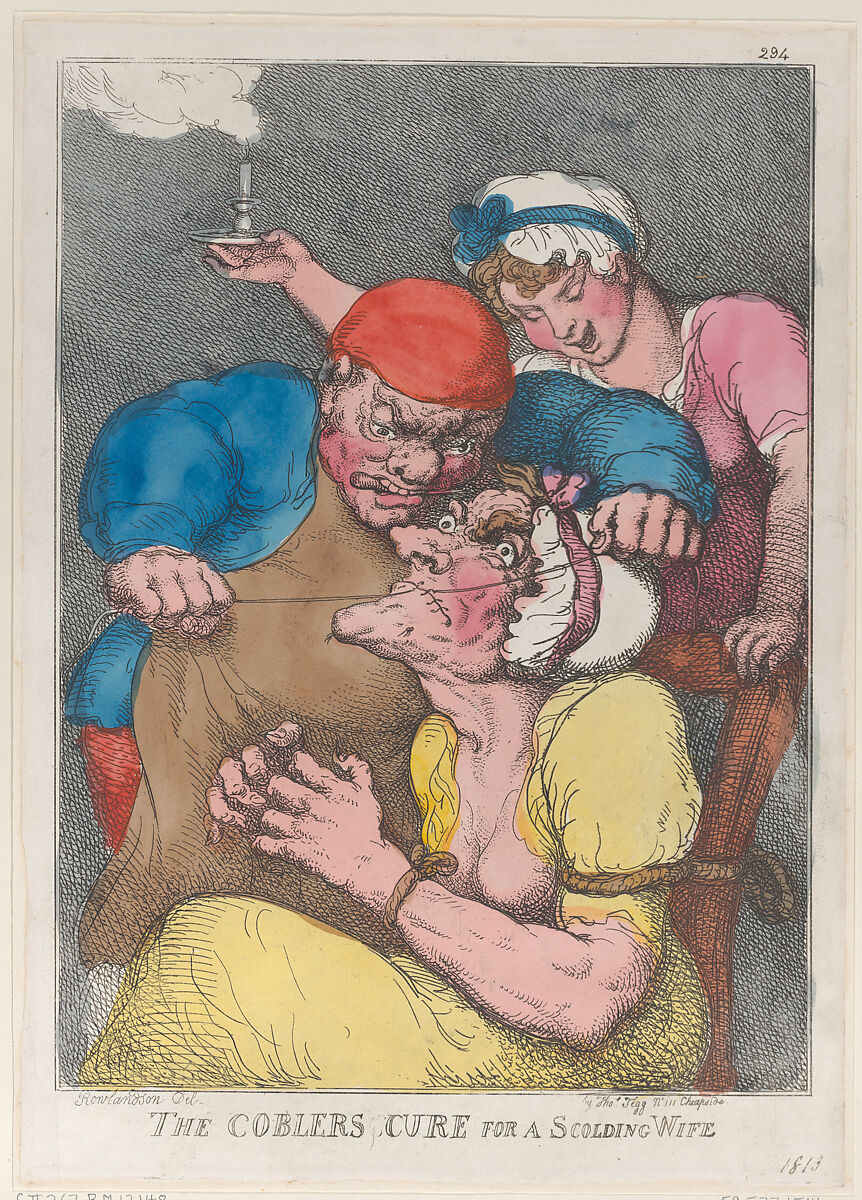 The Cobbler's Cure for a Scolding Wife, Thomas Rowlandson (British, London 1757–1827 London), Hand-colored etching 