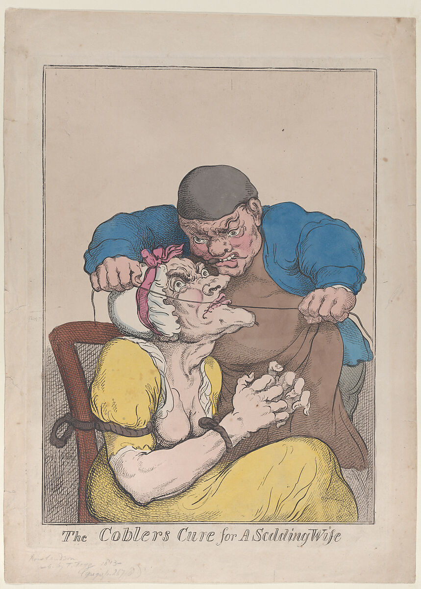 The Cobbler's Cure for a Scolding Wife, Thomas Rowlandson (British, London 1757–1827 London), Hand-colored etching; reverse copy 