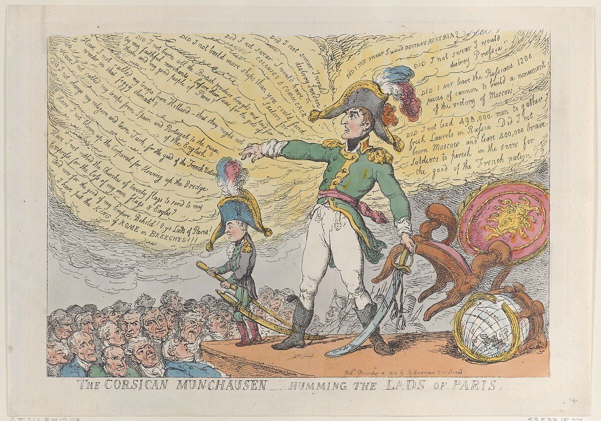 The Corsican Munchausen – Humming the Lads of Paris, Thomas Rowlandson (British, London 1757–1827 London), Hand-colored etching 