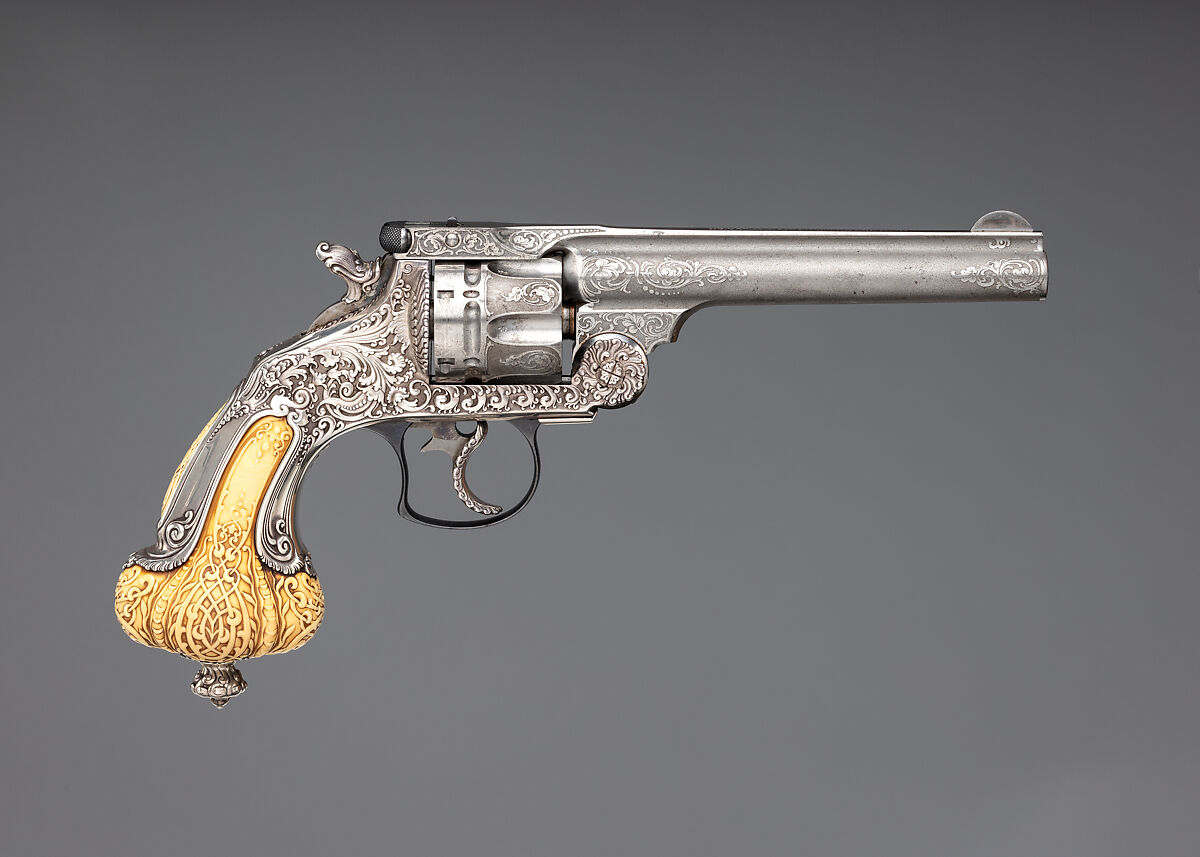 Smith & Wesson .44 Double-Action Frontier Model Revolver decorated by Tiffany & Co. (serial no. 8401), with Case and Cleaning Rod, Smith &amp; Wesson (American, established 1852), Steel, silver, ivory, textile (chamois), wood (California laurel), American, Springfield, Massachusetts and New York