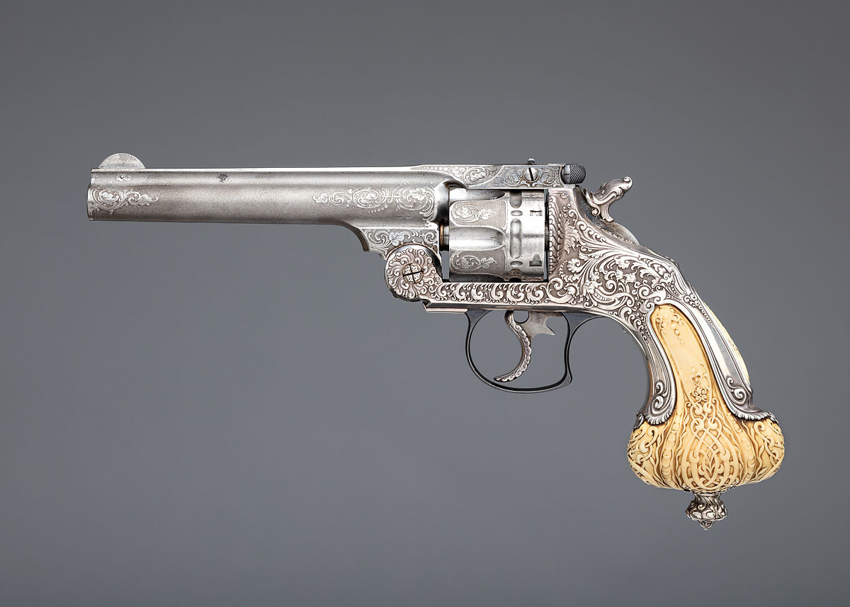 Smith & Wesson .44 Double-Action Frontier Model Revolver decorated by Tiffany & Co. (serial no. 8401), with Case and Cleaning Rod, Smith &amp; Wesson (American, established 1852), Steel, silver, ivory, textile (chamois), wood (California laurel), American, Springfield, Massachusetts and New York