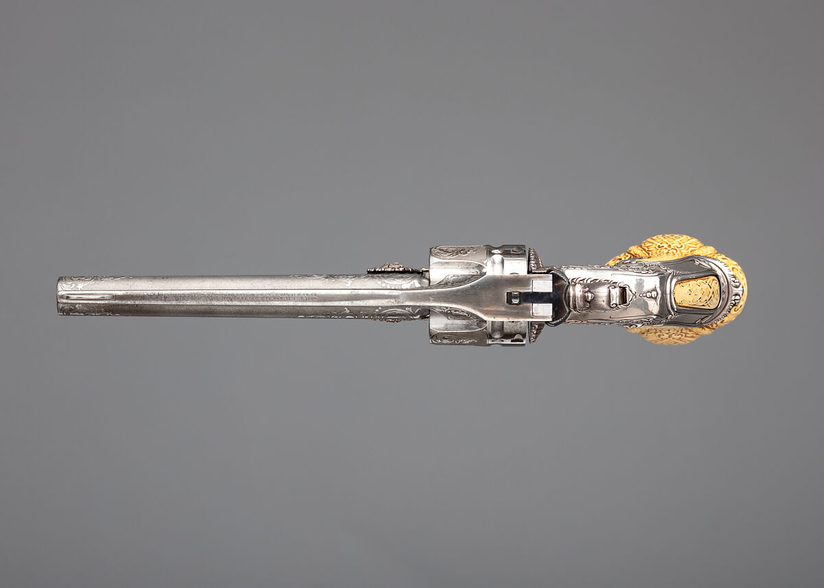 Smith & Wesson .44 Double-Action Frontier Model Revolver decorated by Tiffany & Co. (serial no. 8401), with Case and Cleaning Rod, Smith &amp; Wesson (American, established 1852), Steel, silver, ivory, textile (chamois), wood (California laurel), American, Springfield, Massachusetts and New York