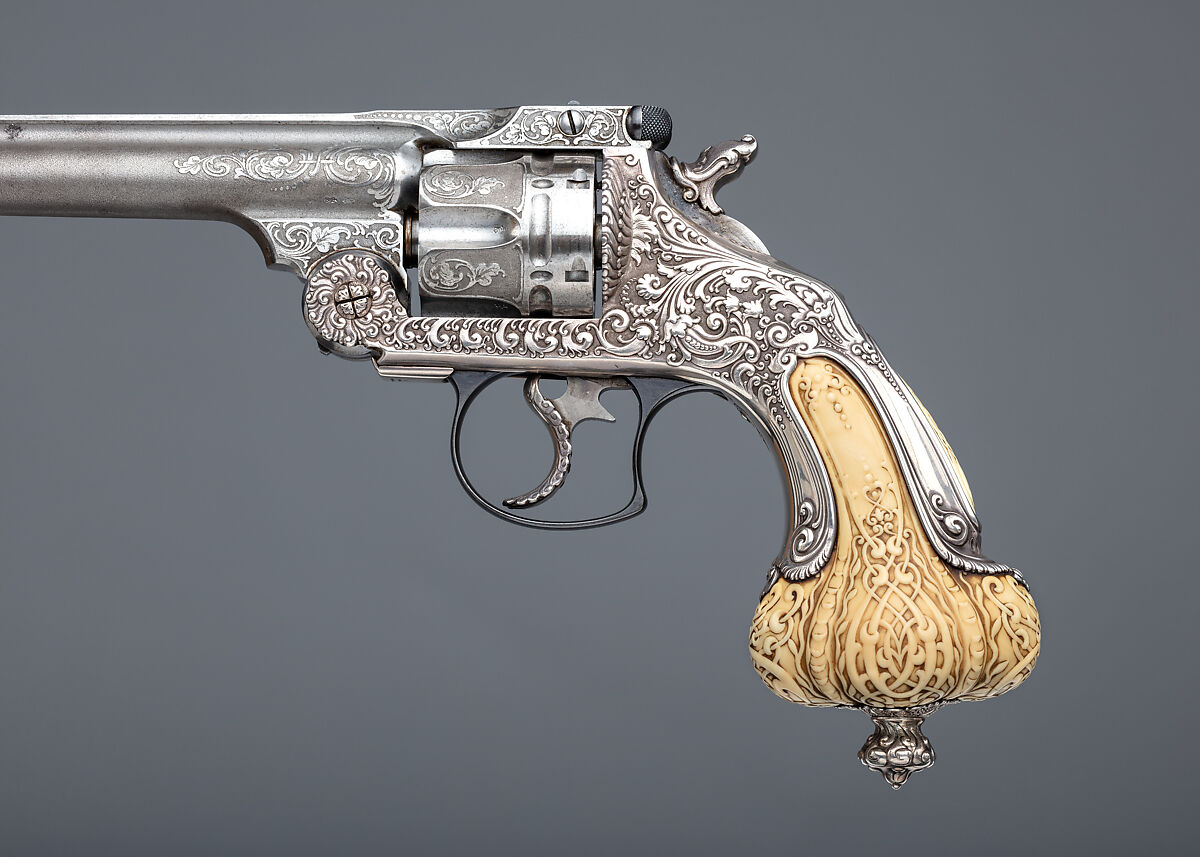 Smith & Wesson .44 Double-Action Frontier Model Revolver decorated by Tiffany & Co. (serial no. 8401), with Case and Cleaning Rod, Smith &amp; Wesson (American, established 1852), Steel, silver, ivory, textile (chamois), wood (California laurel), American, Springfield, Massachusetts and New York