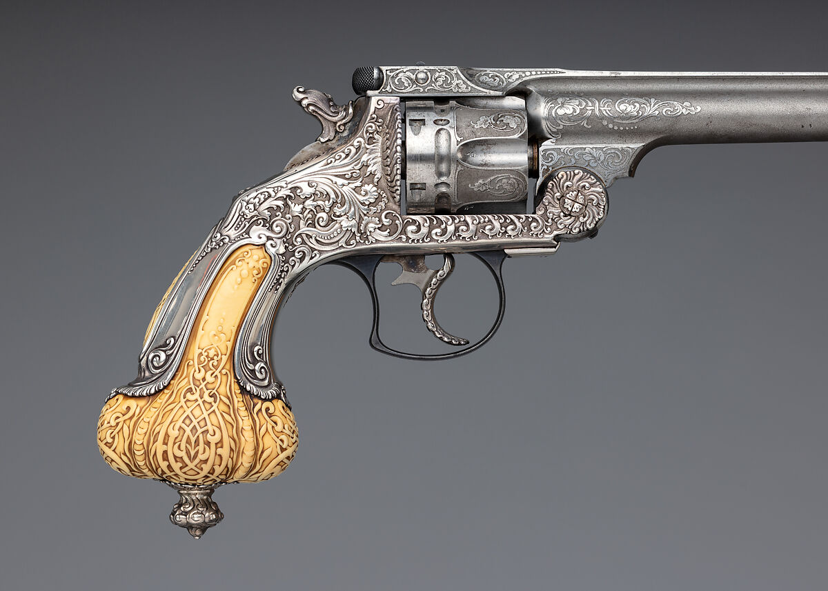 Smith & Wesson .44 Double-Action Frontier Model Revolver decorated by Tiffany & Co. (serial no. 8401), with Case and Cleaning Rod, Smith &amp; Wesson (American, established 1852), Steel, silver, ivory, textile (chamois), wood (California laurel), American, Springfield, Massachusetts and New York