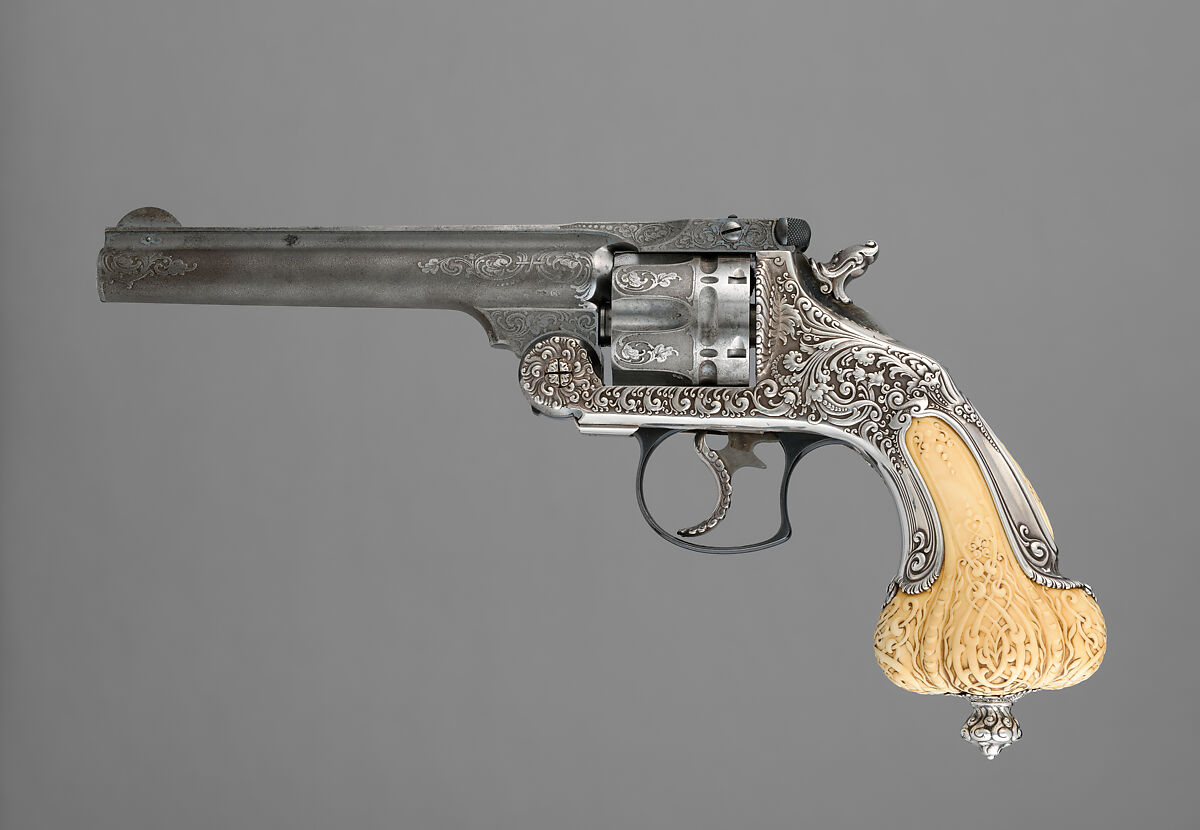 Smith & Wesson .44 Double-Action Frontier Model Revolver decorated by Tiffany & Co. (serial no. 8401), with Case and Cleaning Rod, Smith &amp; Wesson (American, established 1852), Steel, silver, ivory, textile (chamois), wood (California laurel), American, Springfield, Massachusetts and New York