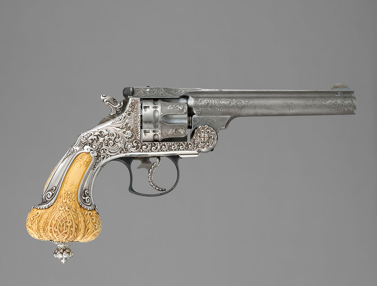 Smith & Wesson .44 Double-Action Frontier Model Revolver decorated by Tiffany & Co. (serial no. 8401), with Case and Cleaning Rod, Smith & Wesson  American, Steel, silver, ivory, textile (chamois), wood (California laurel), American, Springfield, Massachusetts and New York