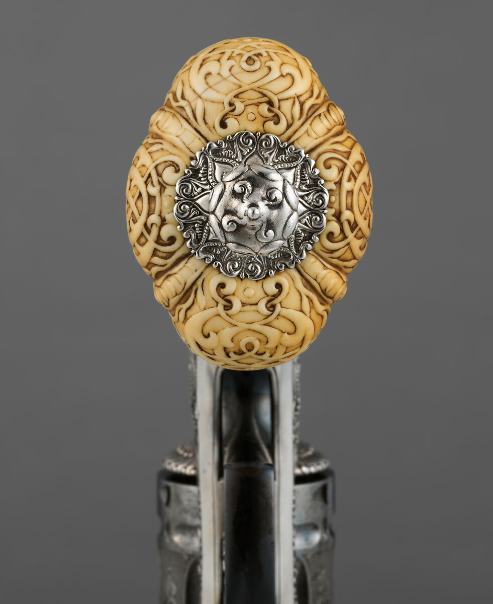 Smith & Wesson .44 Double-Action Frontier Model Revolver decorated by Tiffany & Co. (serial no. 8401), with Case and Cleaning Rod, Smith &amp; Wesson (American, established 1852), Steel, silver, ivory, textile (chamois), wood (California laurel), American, Springfield, Massachusetts and New York