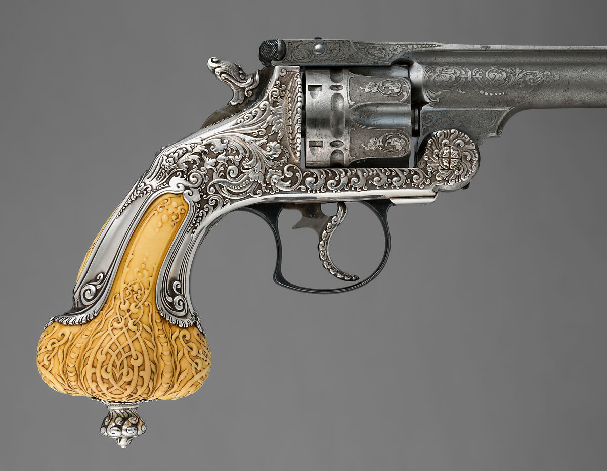 Smith & Wesson .44 Double-Action Frontier Model Revolver decorated by Tiffany & Co. (serial no. 8401), with Case and Cleaning Rod, Smith &amp; Wesson (American, established 1852), Steel, silver, ivory, textile (chamois), wood (California laurel), American, Springfield, Massachusetts and New York