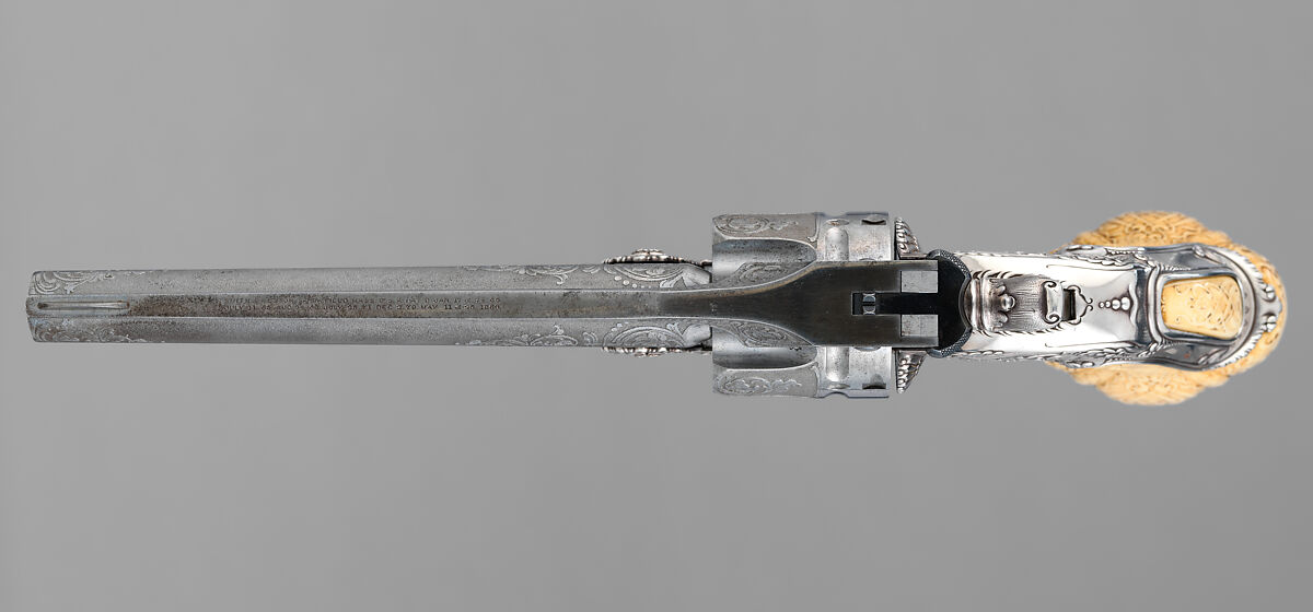Smith & Wesson .44 Double-Action Frontier Model Revolver decorated by Tiffany & Co. (serial no. 8401), with Case and Cleaning Rod, Smith &amp; Wesson (American, established 1852), Steel, silver, ivory, textile (chamois), wood (California laurel), American, Springfield, Massachusetts and New York