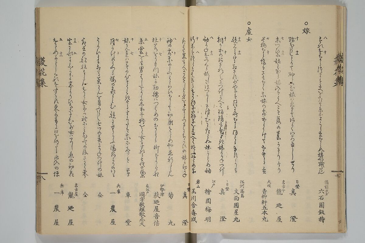 A Flowery Mirror of Beautiful Women (Bijin ryōka shū) 美人菱花集, Katsura Seiyō 桂青洋 (Japanese, 1787–1860), Woodblock printed book; ink and color on paper, Japan