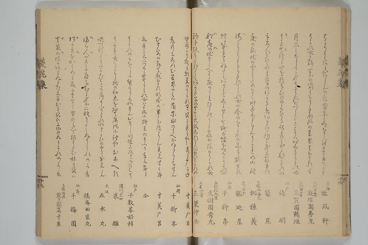 A Flowery Mirror of Beautiful Women (Bijin ryōka shū) 美人菱花集, Katsura Seiyō 桂青洋 (Japanese, 1787–1860), Woodblock printed book; ink and color on paper, Japan