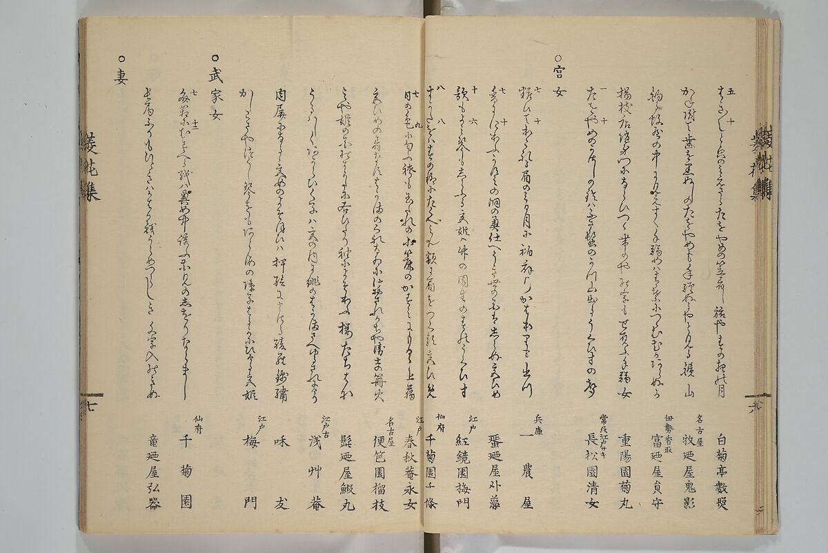 A Flowery Mirror of Beautiful Women (Bijin ryōka shū) 美人菱花集, Katsura Seiyō 桂青洋 (Japanese, 1787–1860), Woodblock printed book; ink and color on paper, Japan