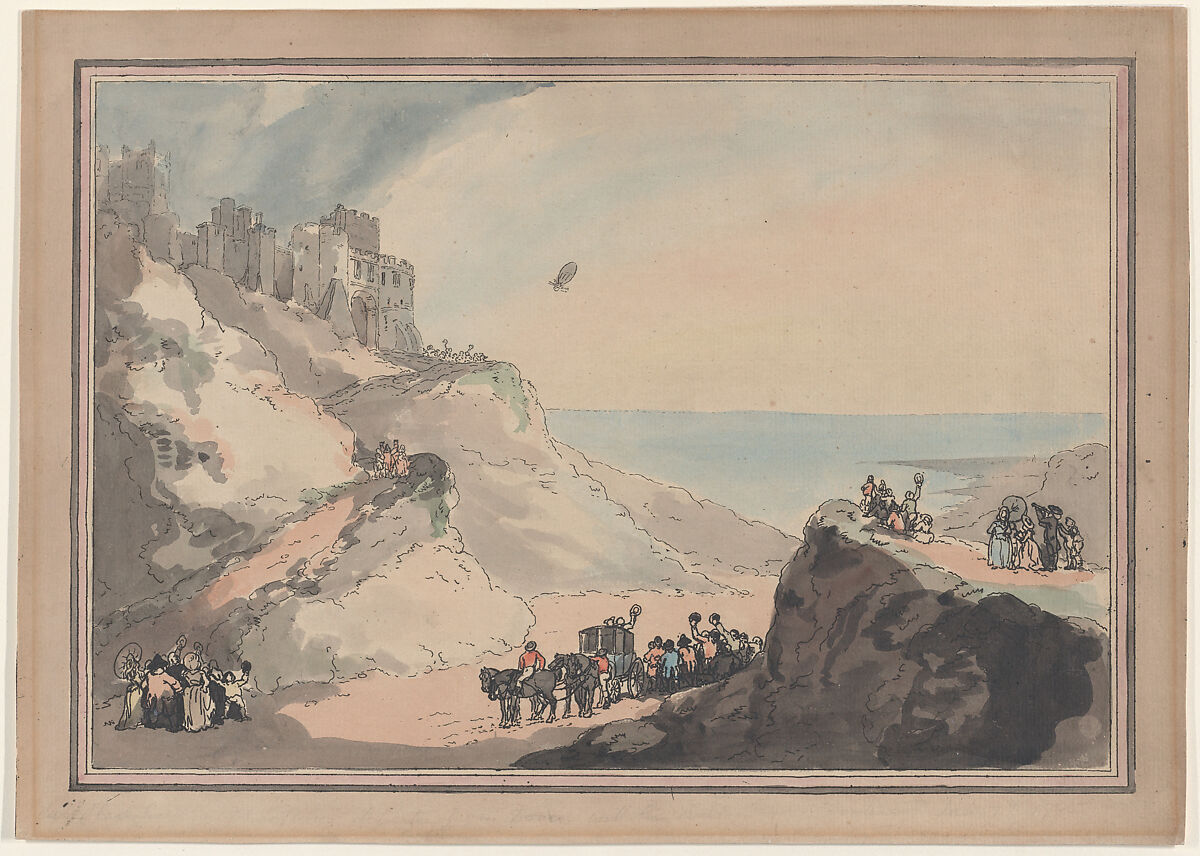 Departure of Blanchard and Jeffries' Balloon from Dover, January 7, 1785, Thomas Rowlandson (British, London 1757–1827 London), Hand-colored etching 