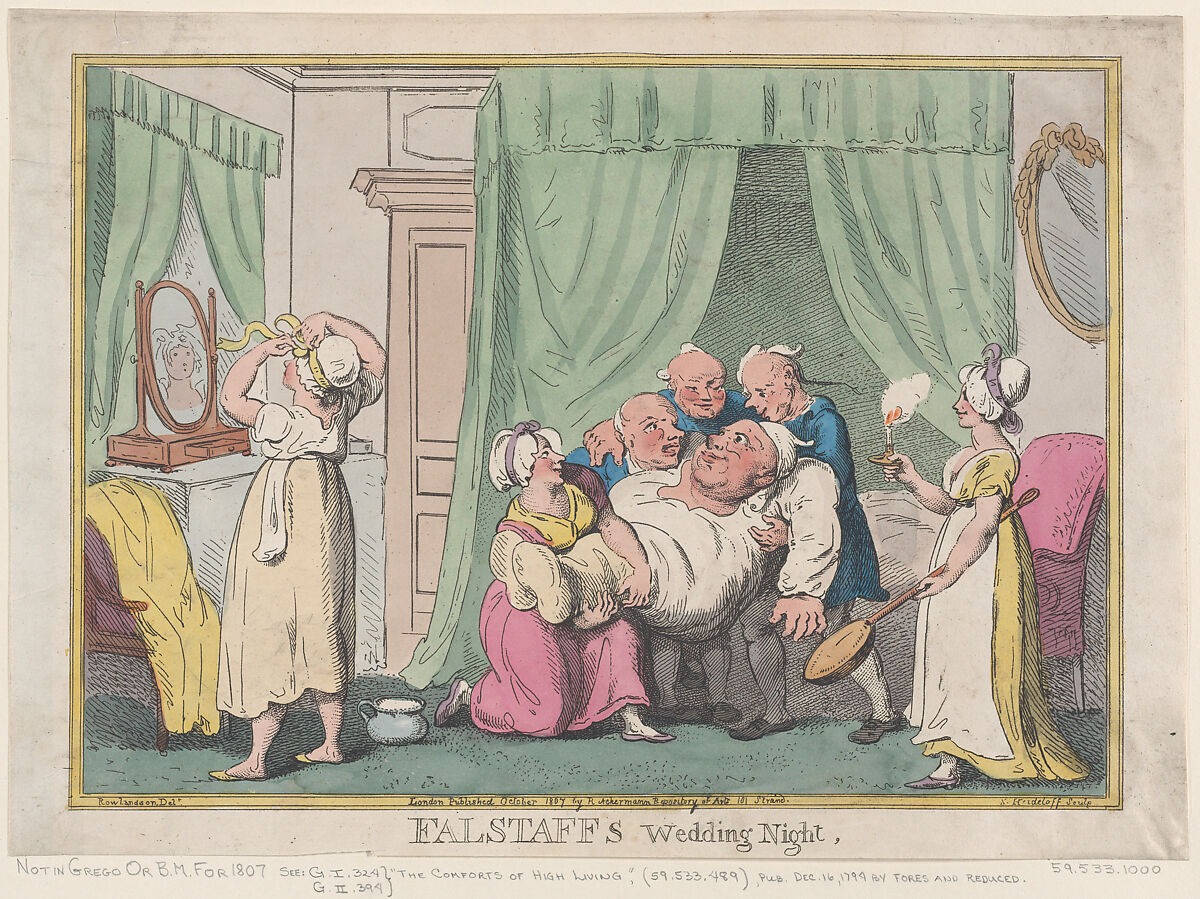 Falstaff's Wedding Night, Nicolaus Heideloff (German, Stuttgart 1761–1837 The Hague), Hand-colored etching 