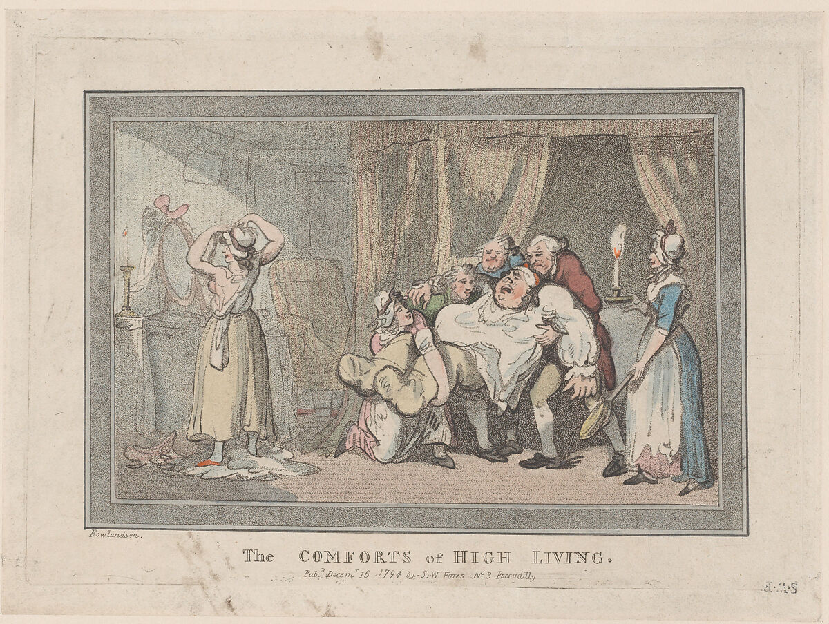 The Comforts of High Living, After Thomas Rowlandson (British, London 1757–1827 London), Hand-colored etching with stipple 