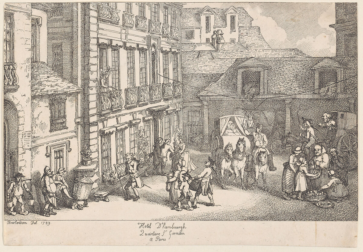 Hotel d'Hambourgh, Quartiere St. Germain a Paris, Thomas Rowlandson (British, London 1757–1827 London), Etching 