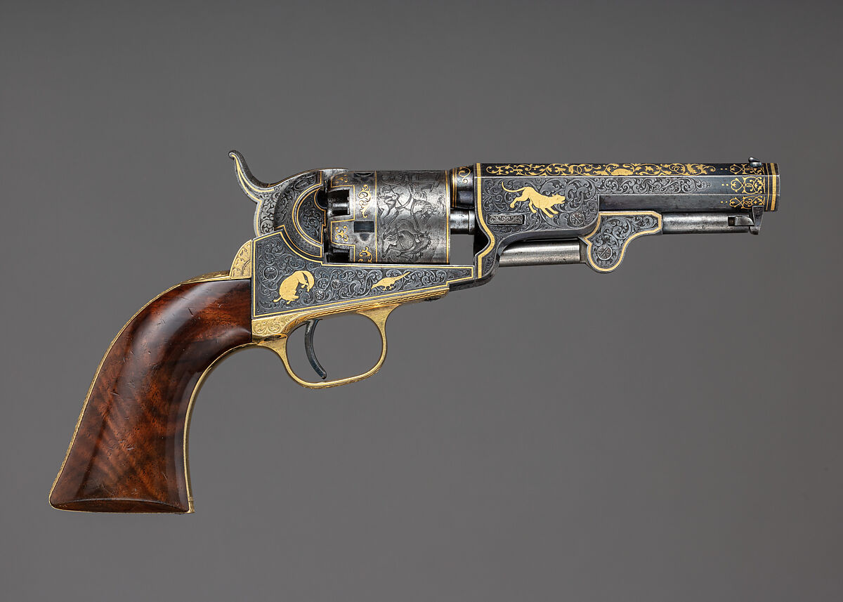 Gold-inlaid Colt Model 1849 Pocket Revolver (serial no. 63306), Samuel Colt (American, Hartford, Connecticut 1814–1862), Steel, copper alloy, gold, wood (walnut), American, Hartford, Connecticut