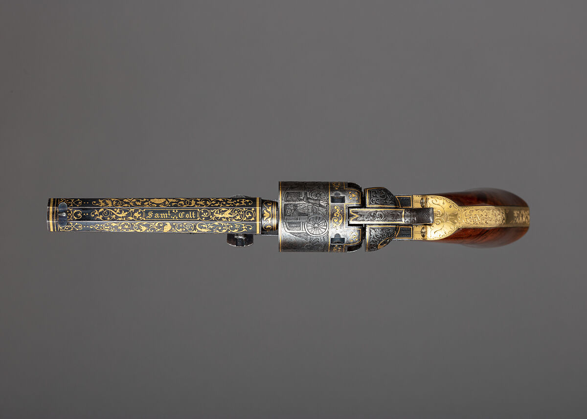 Gold-inlaid Colt Model 1849 Pocket Revolver (serial no. 63306), Samuel Colt (American, Hartford, Connecticut 1814–1862), Steel, copper alloy, gold, wood (walnut), American, Hartford, Connecticut