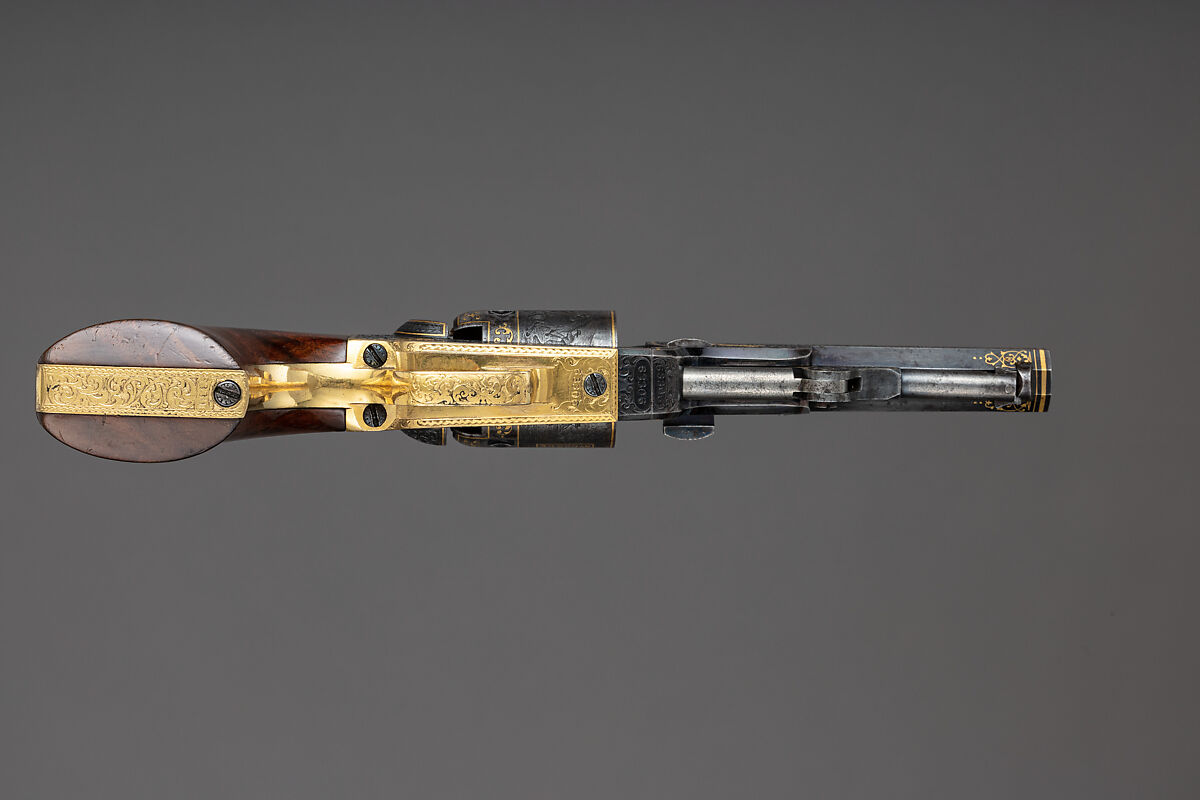 Gold-inlaid Colt Model 1849 Pocket Revolver (serial no. 63306), Samuel Colt (American, Hartford, Connecticut 1814–1862), Steel, copper alloy, gold, wood (walnut), American, Hartford, Connecticut