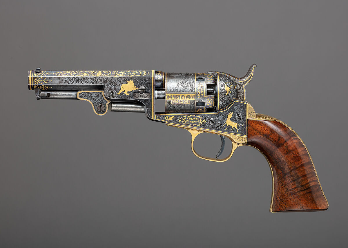 Gold-inlaid Colt Model 1849 Pocket Revolver (serial no. 63306), Samuel Colt (American, Hartford, Connecticut 1814–1862), Steel, copper alloy, gold, wood (walnut), American, Hartford, Connecticut