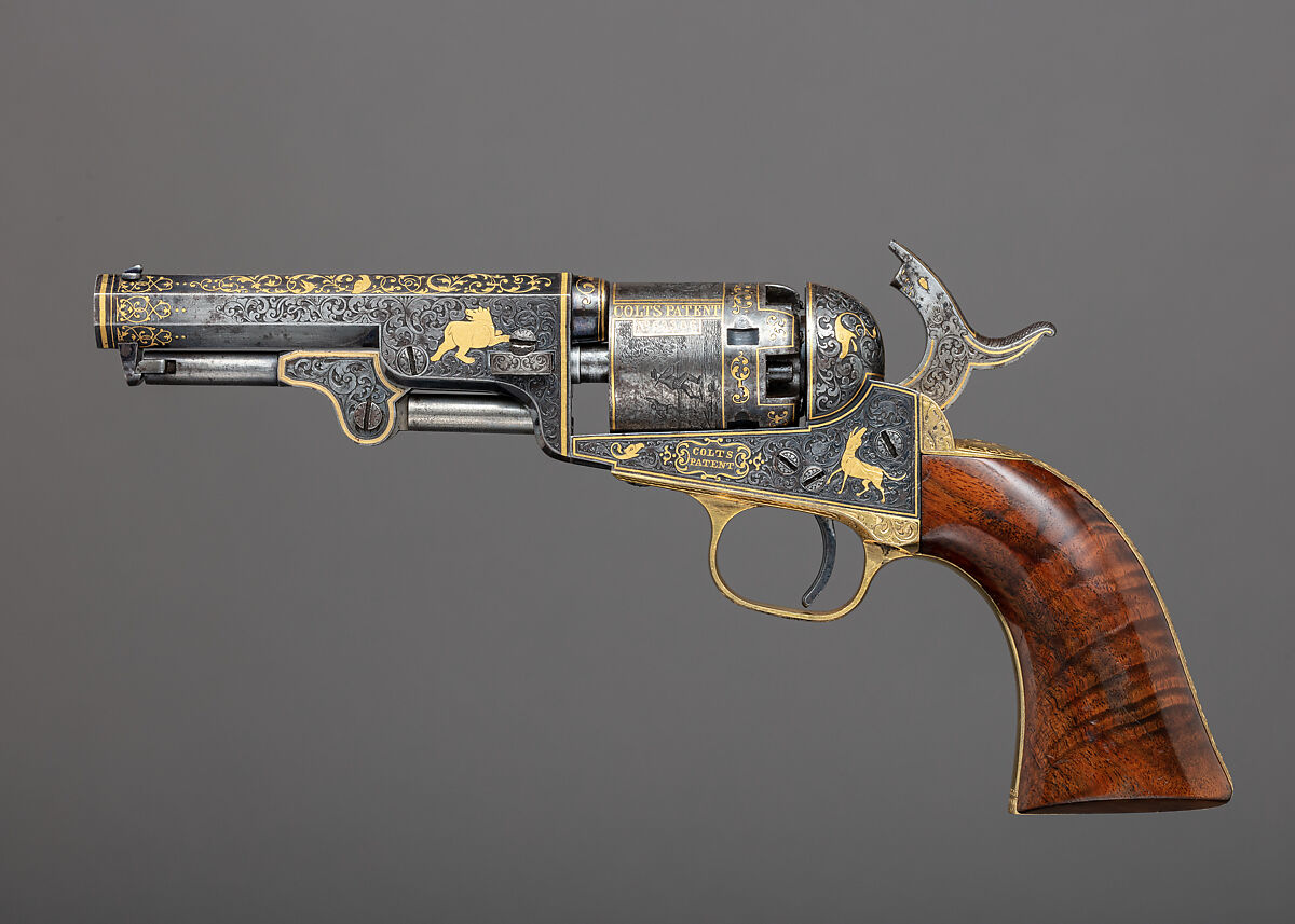 Gold-inlaid Colt Model 1849 Pocket Revolver (serial no. 63306), Samuel Colt (American, Hartford, Connecticut 1814–1862), Steel, copper alloy, gold, wood (walnut), American, Hartford, Connecticut