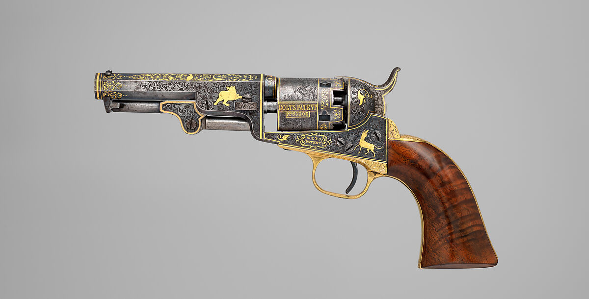 Gold-inlaid Colt Model 1849 Pocket Revolver (serial no. 63306), Samuel Colt  American, Steel, copper alloy, gold, wood (walnut), American, Hartford, Connecticut
