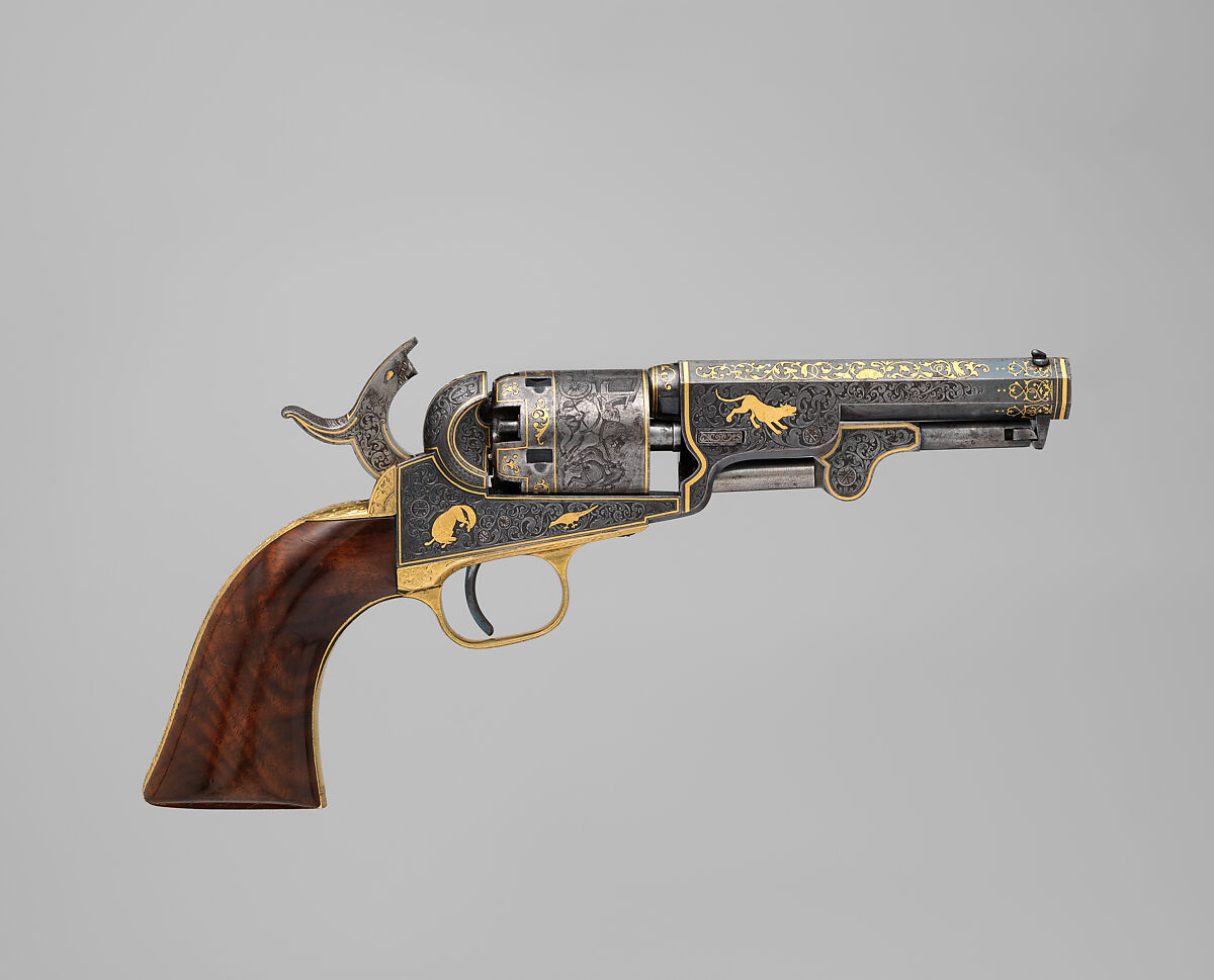 Gold-inlaid Colt Model 1849 Pocket Revolver (serial no. 63306), Samuel Colt (American, Hartford, Connecticut 1814–1862), Steel, copper alloy, gold, wood (walnut), American, Hartford, Connecticut