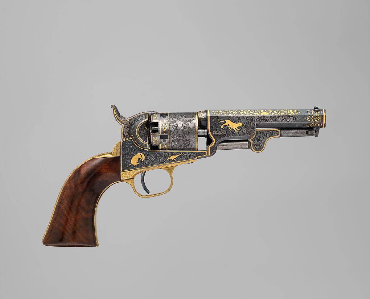 Gold-inlaid Colt Model 1849 Pocket Revolver (serial no. 63306), Samuel Colt (American, Hartford, Connecticut 1814–1862), Steel, copper alloy, gold, wood (walnut), American, Hartford, Connecticut